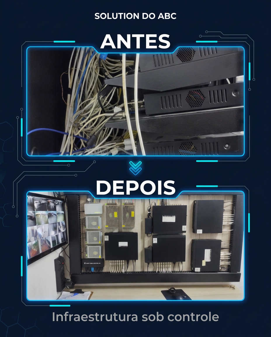Antes e depois da organização da infraestrutura de câmeras e rede de um condomínio